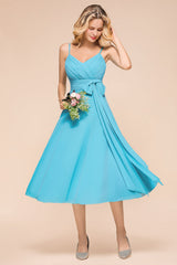Affordable Spaghetti Straps Blue Chiffon Bridesmaid Dress with Ruffle-Babyonlines