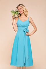 Affordable Spaghetti Straps Blue Chiffon Bridesmaid Dress with Ruffle-Babyonlines