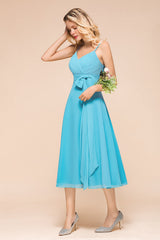 Affordable Spaghetti Straps Blue Chiffon Bridesmaid Dress with Ruffle-Babyonlines