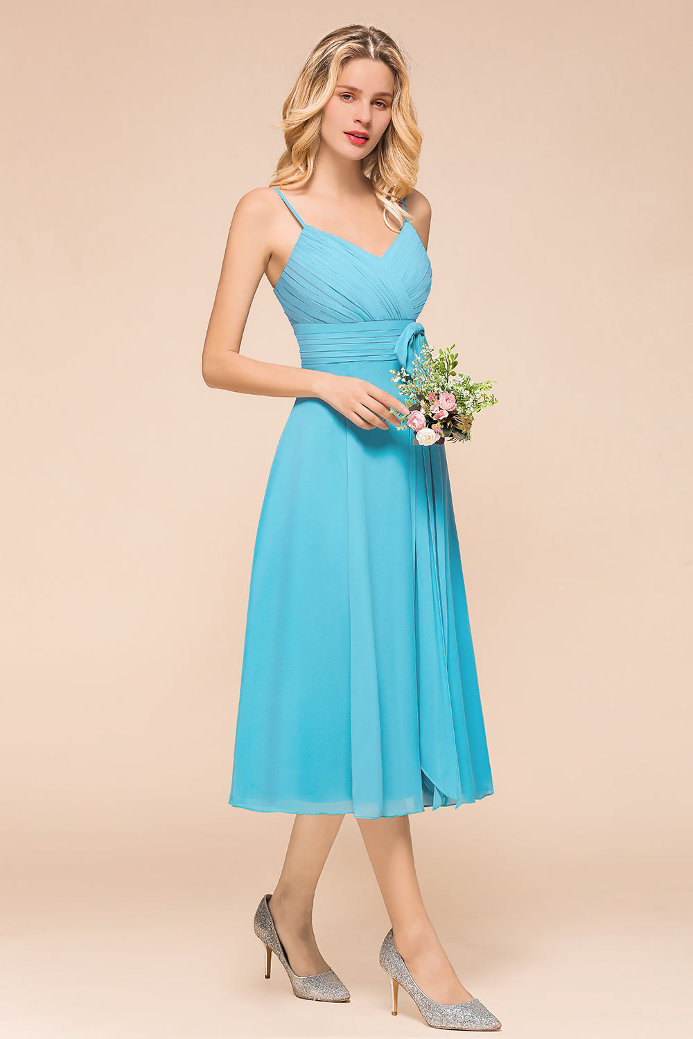 Affordable Spaghetti Straps Blue Chiffon Bridesmaid Dress with Ruffle-Babyonlines