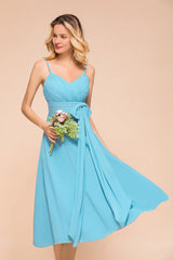 Affordable Spaghetti Straps Blue Chiffon Bridesmaid Dress with Ruffle-Babyonlines