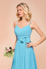 Affordable Spaghetti Straps Blue Chiffon Bridesmaid Dress with Ruffle-Babyonlines