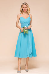 Affordable Spaghetti Straps Blue Chiffon Bridesmaid Dress with Ruffle-Babyonlines