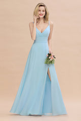 Affordable Spaghetti-Straps Slit Long Chiffon Bridesmaid Dress with Ruffle-Babyonlines