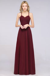 Affordable Spaghetti Straps V-Neck Burgundy Chiffon Bridesmaid Dress with Keyhole Back-Babyonlines