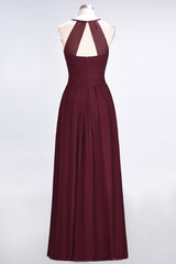 Affordable Spaghetti Straps V-Neck Burgundy Chiffon Bridesmaid Dress with Keyhole Back-Babyonlines