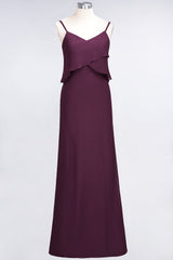 Affordable Spaghetti-Straps V-Neck Burgundy Chiffon Bridesmaid Dresses-Babyonlines