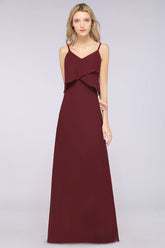 Affordable Spaghetti-Straps V-Neck Burgundy Chiffon Bridesmaid Dresses-Babyonlines
