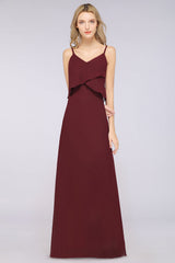 Affordable Spaghetti-Straps V-Neck Burgundy Chiffon Bridesmaid Dresses-Babyonlines