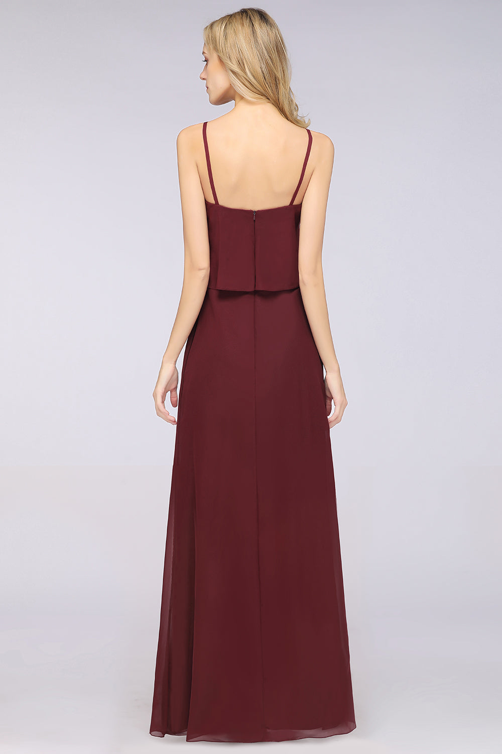 Affordable Spaghetti-Straps V-Neck Burgundy Chiffon Bridesmaid Dresses-Babyonlines