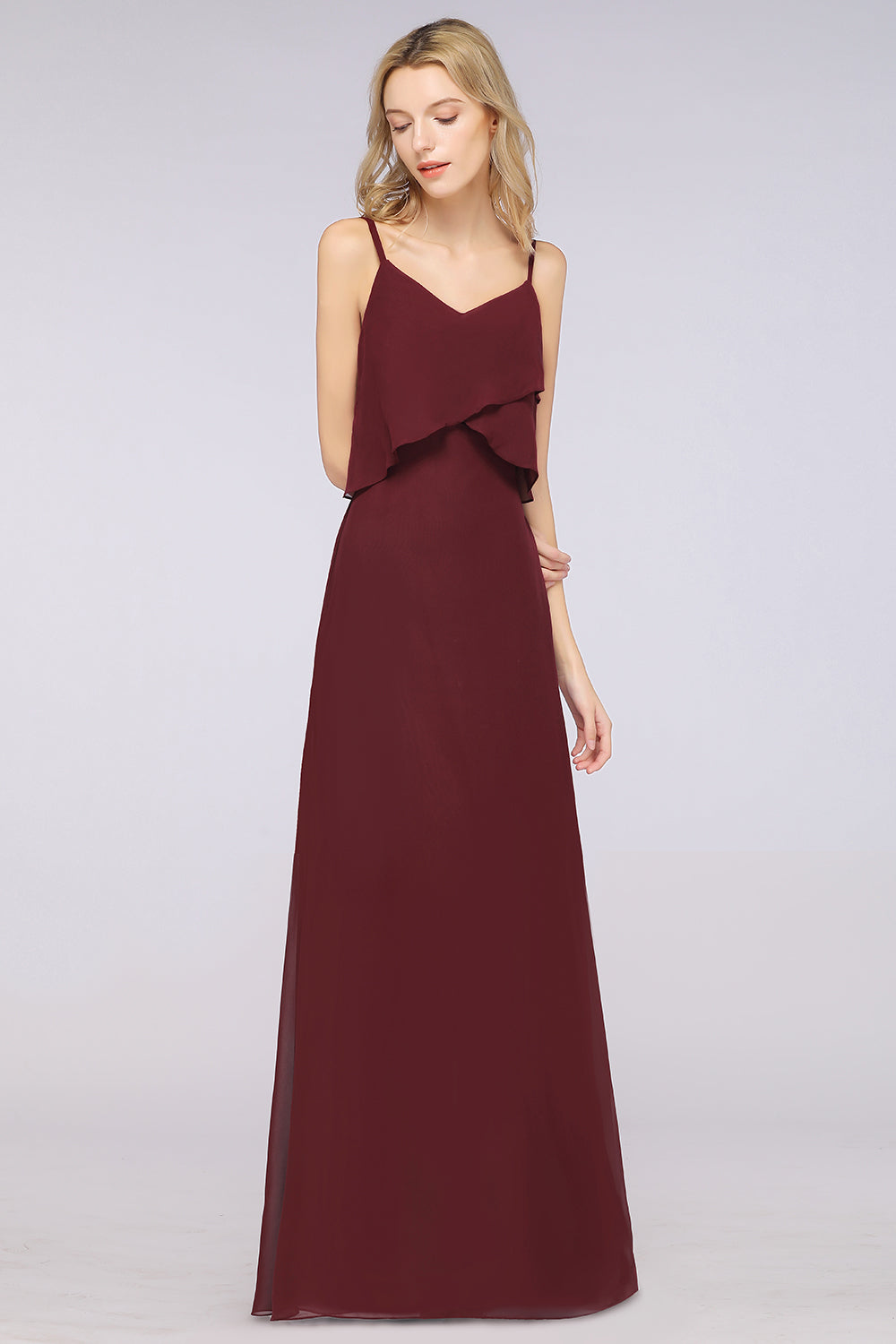 Affordable Spaghetti-Straps V-Neck Burgundy Chiffon Bridesmaid Dresses-Babyonlines