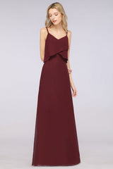 Affordable Spaghetti-Straps V-Neck Burgundy Chiffon Bridesmaid Dresses-Babyonlines
