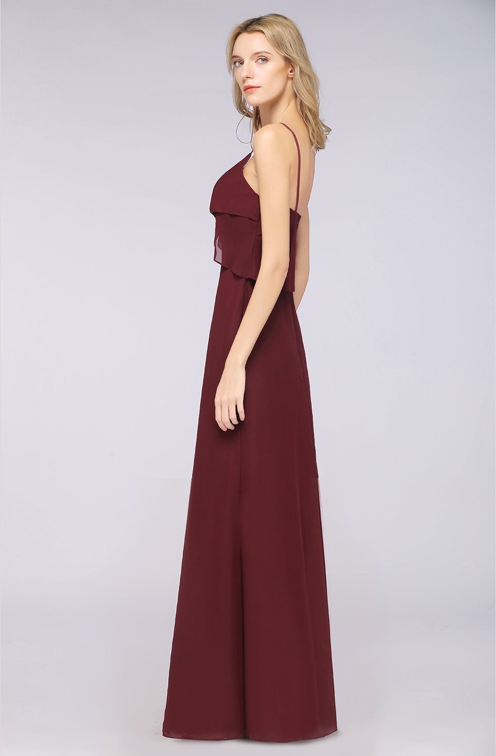 Affordable Spaghetti-Straps V-Neck Burgundy Chiffon Bridesmaid Dresses-Babyonlines