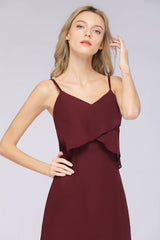 Affordable Spaghetti-Straps V-Neck Burgundy Chiffon Bridesmaid Dresses-Babyonlines