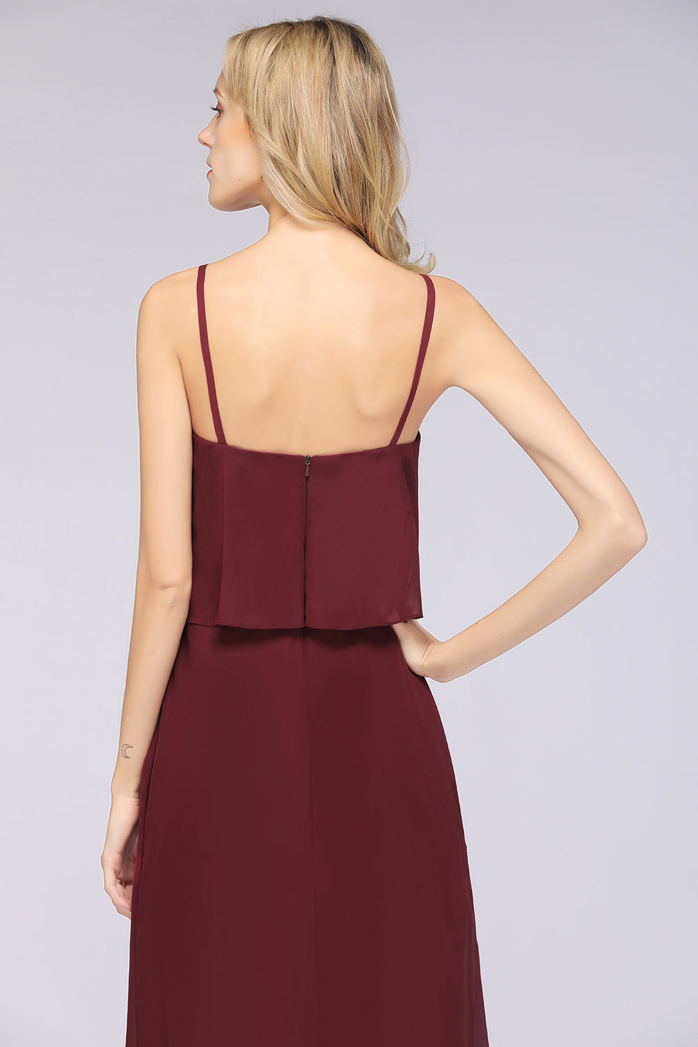 Affordable Spaghetti-Straps V-Neck Burgundy Chiffon Bridesmaid Dresses-Babyonlines