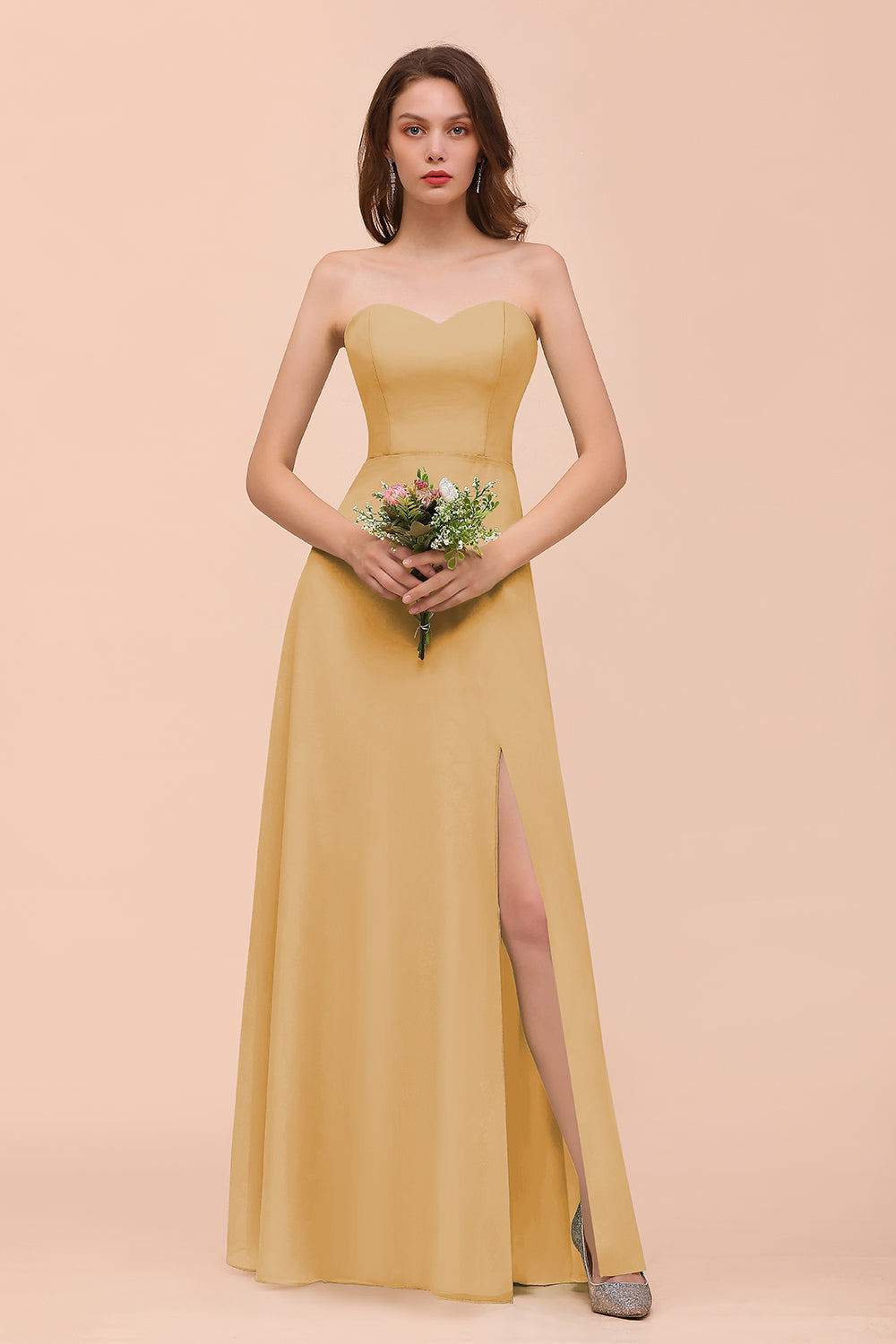 Affordable Strapless Front Slit Long Dusty Sage Bridesmaid Dress-Babyonlines