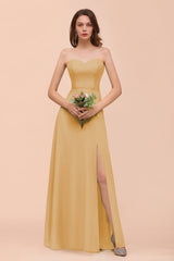 Affordable Strapless Front Slit Long Dusty Sage Bridesmaid Dress-Babyonlines