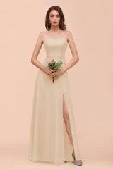 Affordable Strapless Front Slit Long Dusty Sage Bridesmaid Dress-Babyonlines