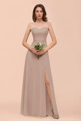 Affordable Strapless Front Slit Long Dusty Sage Bridesmaid Dress-Babyonlines