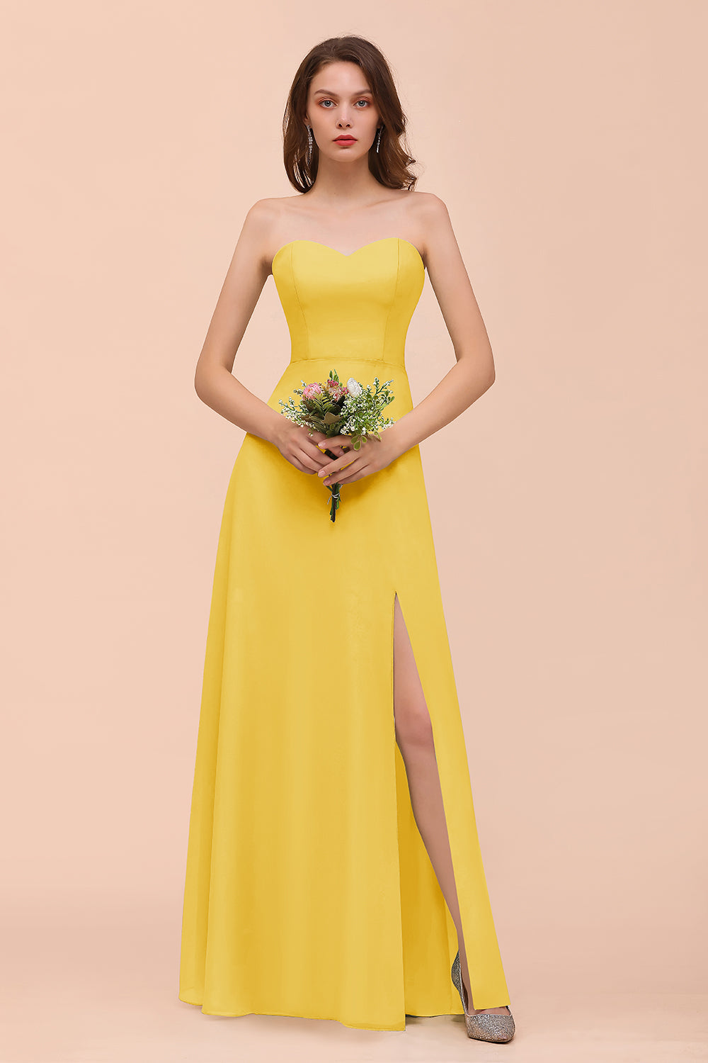 Affordable Strapless Front Slit Long Dusty Sage Bridesmaid Dress-Babyonlines
