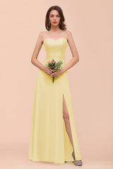 Affordable Strapless Front Slit Long Dusty Sage Bridesmaid Dress-Babyonlines