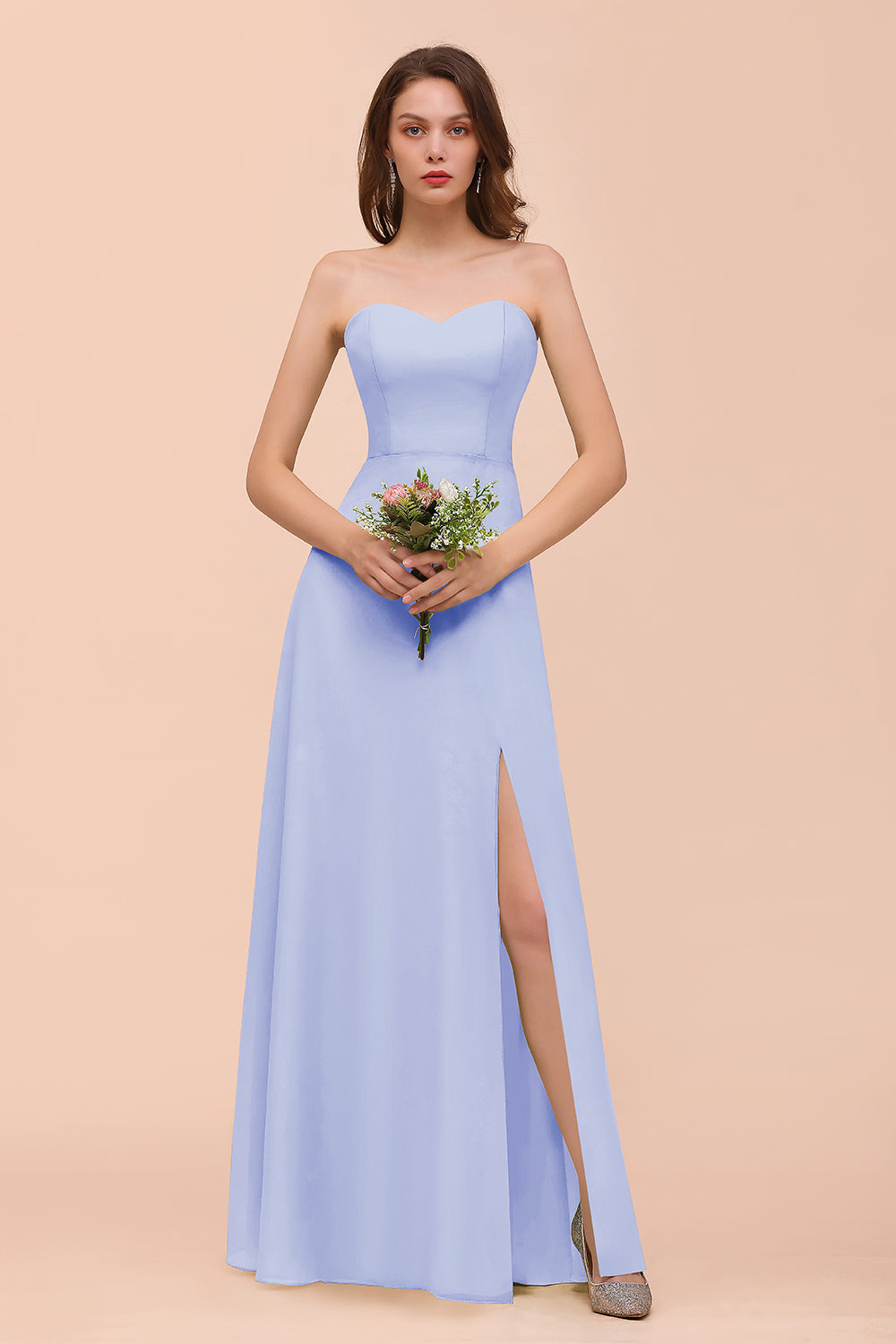 Affordable Strapless Front Slit Long Dusty Sage Bridesmaid Dress-Babyonlines