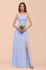 Affordable Strapless Front Slit Long Dusty Sage Bridesmaid Dress-Babyonlines