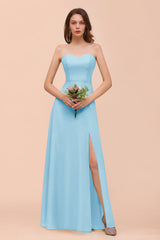 Affordable Strapless Front Slit Long Dusty Sage Bridesmaid Dress-Babyonlines