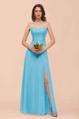 Affordable Strapless Front Slit Long Dusty Sage Bridesmaid Dress-Babyonlines