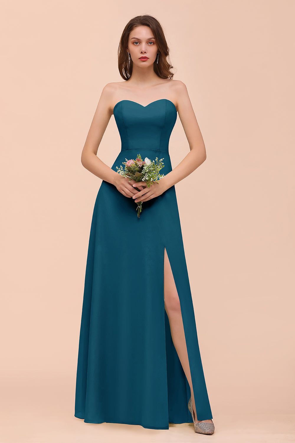 Affordable Strapless Front Slit Long Dusty Sage Bridesmaid Dress-Babyonlines