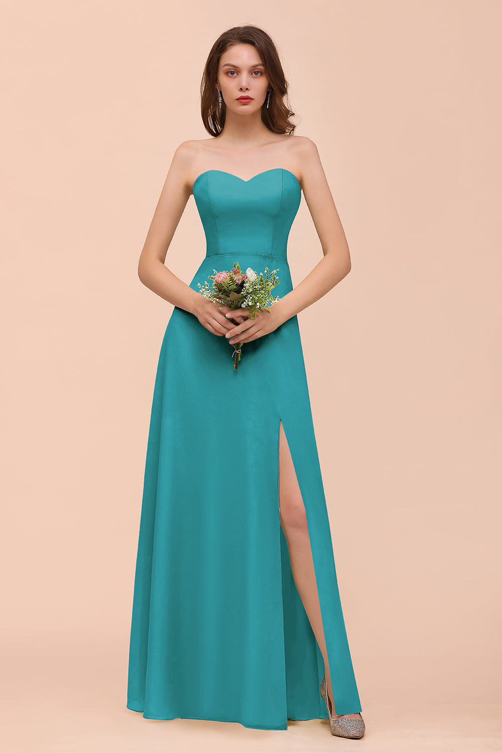 Affordable Strapless Front Slit Long Dusty Sage Bridesmaid Dress-Babyonlines