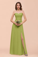 Affordable Strapless Front Slit Long Dusty Sage Bridesmaid Dress-Babyonlines