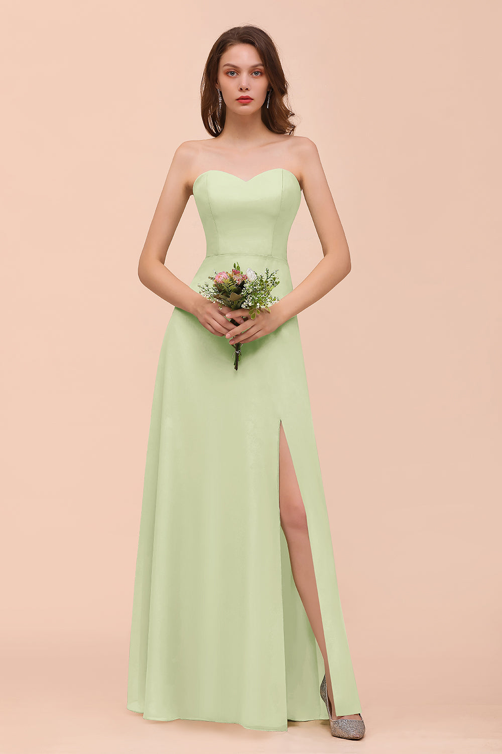 Affordable Strapless Front Slit Long Dusty Sage Bridesmaid Dress-Babyonlines