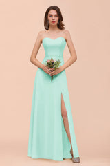Affordable Strapless Front Slit Long Dusty Sage Bridesmaid Dress-Babyonlines
