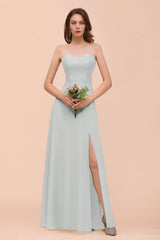 Affordable Strapless Front Slit Long Dusty Sage Bridesmaid Dress-Babyonlines