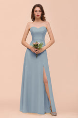 Affordable Strapless Front Slit Long Dusty Sage Bridesmaid Dress-Babyonlines