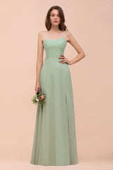 Affordable Strapless Front Slit Long Dusty Sage Bridesmaid Dress-Babyonlines