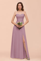 Affordable Strapless Front Slit Long Dusty Sage Bridesmaid Dress-Babyonlines