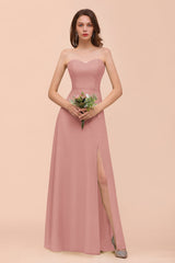 Affordable Strapless Front Slit Long Dusty Sage Bridesmaid Dress-Babyonlines