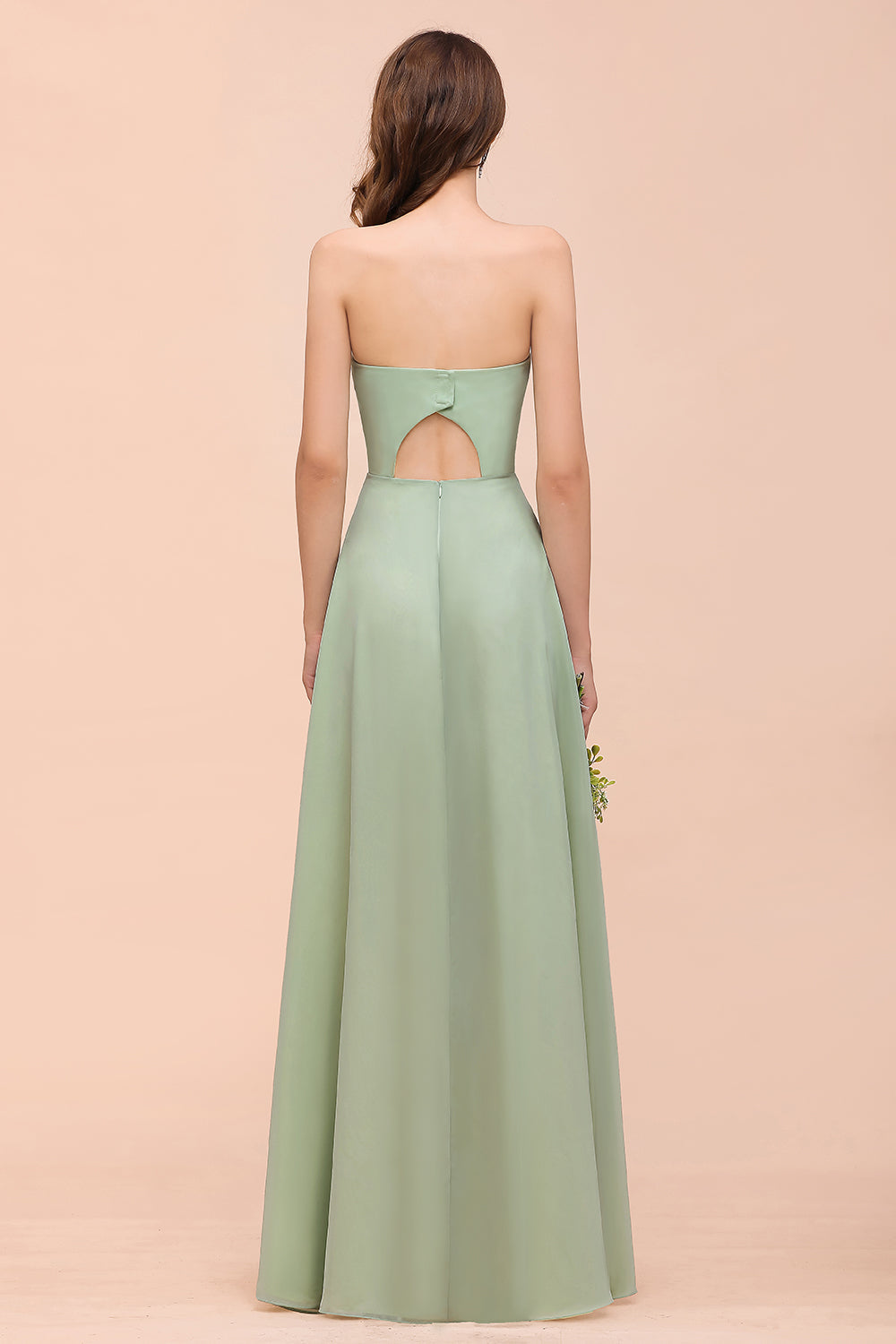 Affordable Strapless Front Slit Long Dusty Sage Bridesmaid Dress-Babyonlines