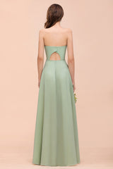 Affordable Strapless Front Slit Long Dusty Sage Bridesmaid Dress-Babyonlines