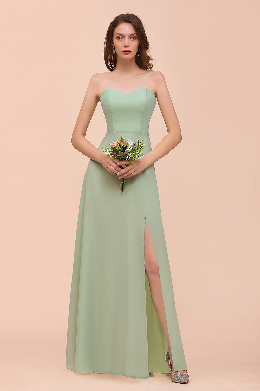Affordable Strapless Front Slit Long Dusty Sage Bridesmaid Dress-Babyonlines