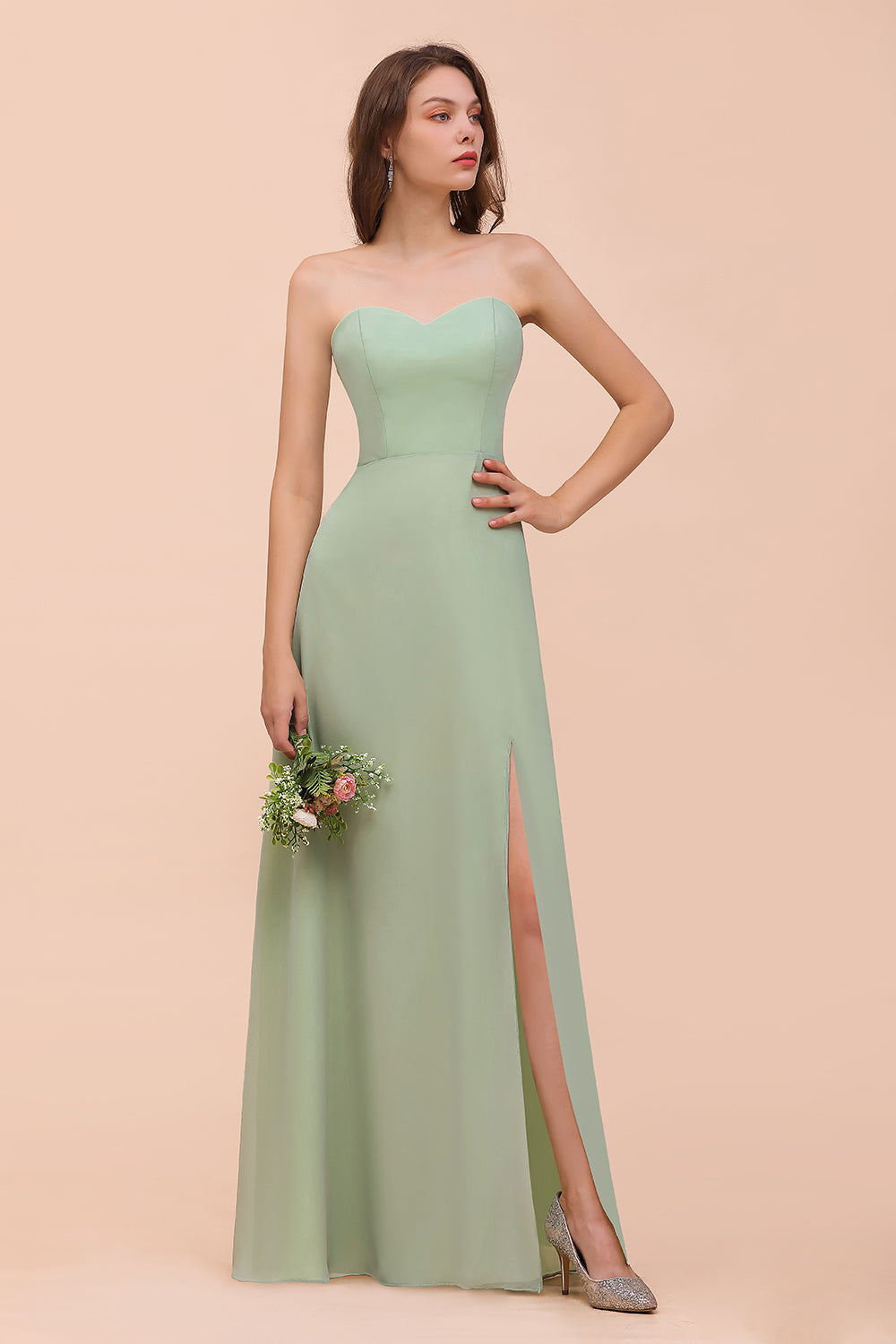 Affordable Strapless Front Slit Long Dusty Sage Bridesmaid Dress-Babyonlines