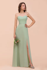 Affordable Strapless Front Slit Long Dusty Sage Bridesmaid Dress-Babyonlines
