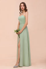 Affordable Strapless Front Slit Long Dusty Sage Bridesmaid Dress-Babyonlines