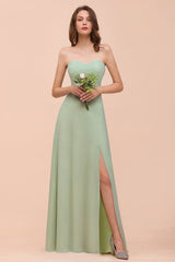 Affordable Strapless Front Slit Long Dusty Sage Bridesmaid Dress-Babyonlines