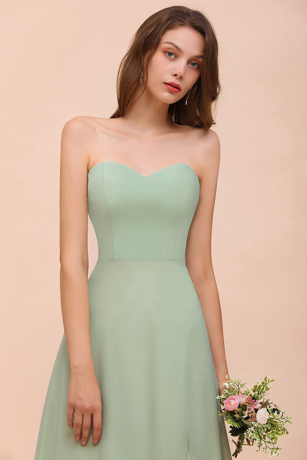 Affordable Strapless Front Slit Long Dusty Sage Bridesmaid Dress-Babyonlines