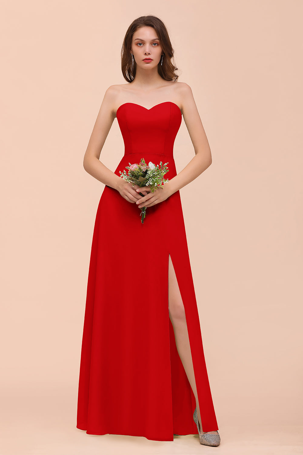 Affordable Strapless Front Slit Long Dusty Sage Bridesmaid Dress-Babyonlines
