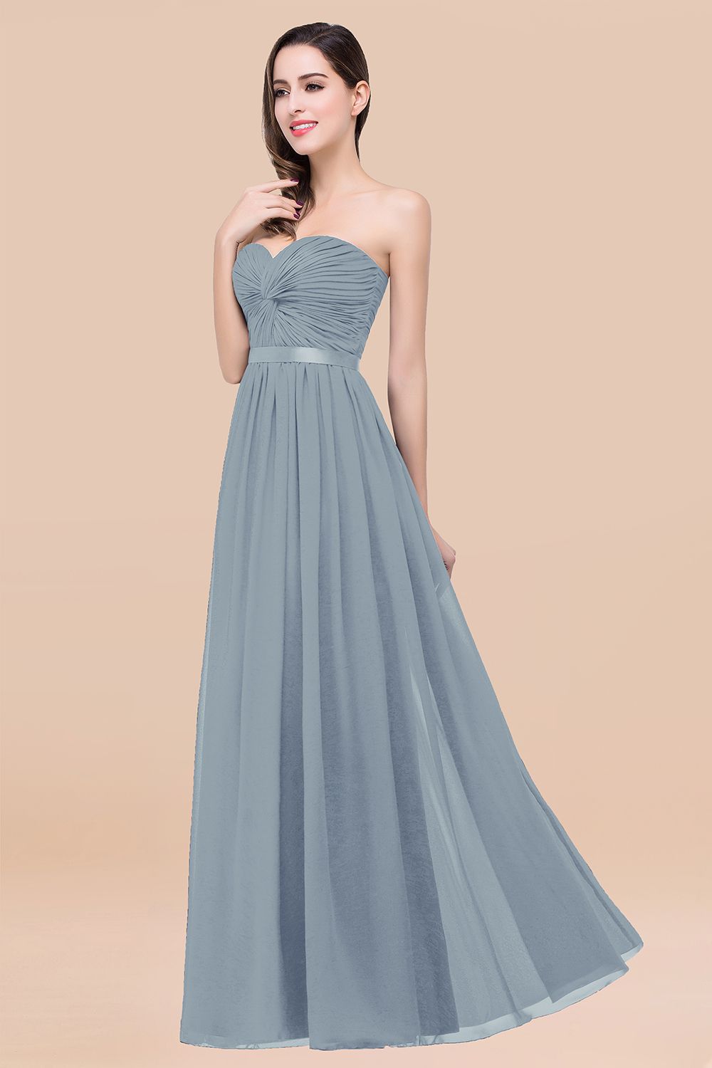 Affordable Sweetheart Ruffle Navy Chiffon Bridesmaid Dress With Ribbon-Babyonlines