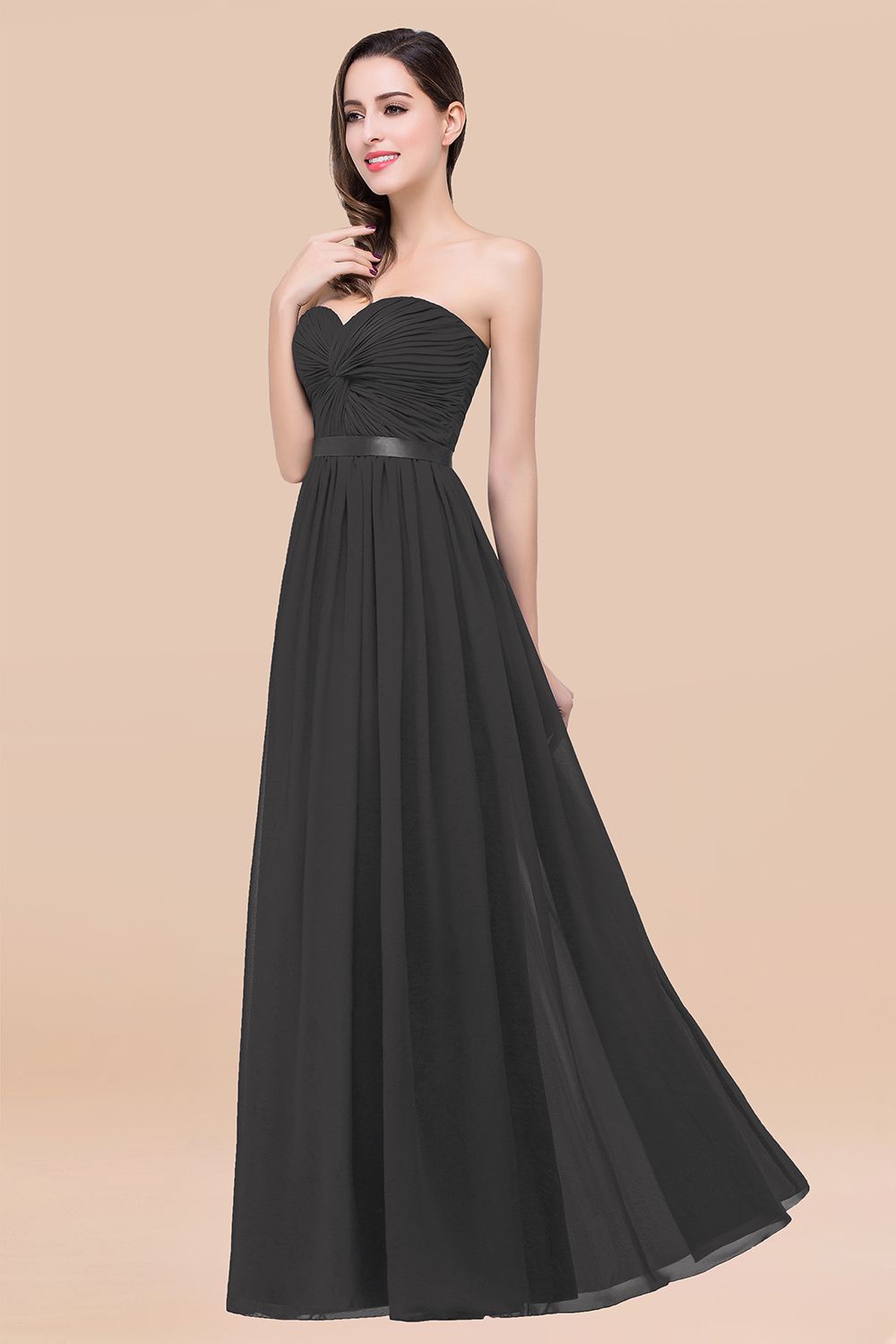 Affordable Sweetheart Ruffle Navy Chiffon Bridesmaid Dress With Ribbon-Babyonlines